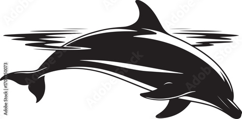 Stylized black and white illustration of a dolphin swimming underwater