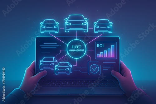 Hands holding laptop showing electric cars, fleet network and ROI chart; neon cyan magenta interface; analytics visual for telematics platforms, mobility services, logistics presentations.