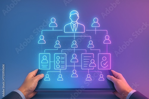Digital organizational chart above a tablet, human resources profiles and approvals connected in hierarchy, neon blue and pink lighting for HR management and workforce planning.