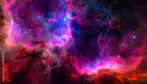 Cosmic Canvas: A breathtaking panorama of a nebula, swirling with vibrant hues of pink, purple, and blue, a stunning visual of the universe.