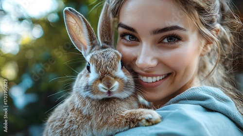 A smiling young woman affectionately holds a cute brown rabbit in a sunny outdoor setting