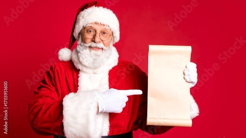 Smiling Santa Claus Holds a Scroll on a Red Background, Festive Portrait