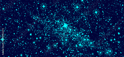 A vivid abstract design showcases luminous cyan stars and cosmic dust elegantly dispersed across a deep indigo backdrop, creating a celestial and dreamlike visual narrative