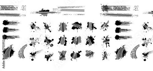Set of grunge tire tracks, ink splatters, and textured patterns, ideal for abstract backgrounds, automotive designs, and creative graphic projects