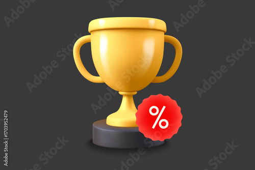 Gold trophy with red label. Discount concept. 3d vector icon