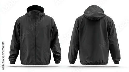Black windbreaker jacket mockup front and back waterproof anorak with hood isolated 3D rendering