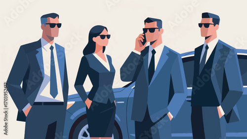 Illustration Four formally dressed figures are seen near a car vector design template