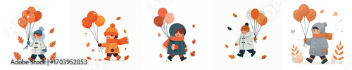 vector of a little boy holding a balloon in autumn