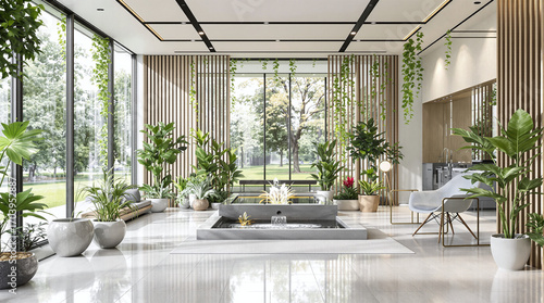 Modern Luxury Lobby Interior with Lush Greenery and Natural Light