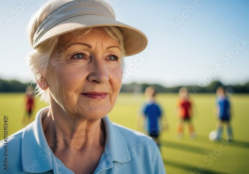 Elegant senior woman enjoying outdoor leisure activity in natural sunlight with a confident smile, capturing beauty, wellness, and positive aging lifestyle