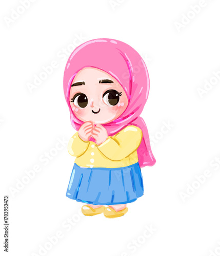 Adorable Cartoon Girl in Pink Hijab, Hands Clasped