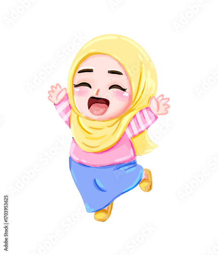 Joyful Hijab-Wearing Girl in Playful Pose, Digital Illustration