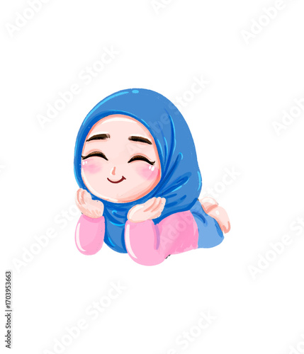 Joyful Cartoon Girl in Blue Hijab, Lying Down, Smiling