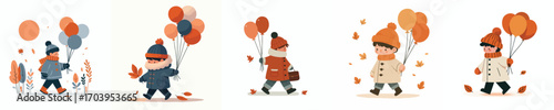 vector of a little boy holding a balloon in autumn