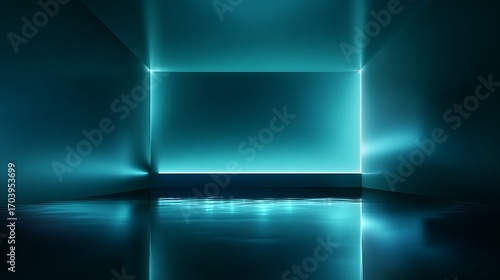 Bluegreen gradient studio room abstract background reflective walls and floor with neon light reflections digital technology futuristic theme