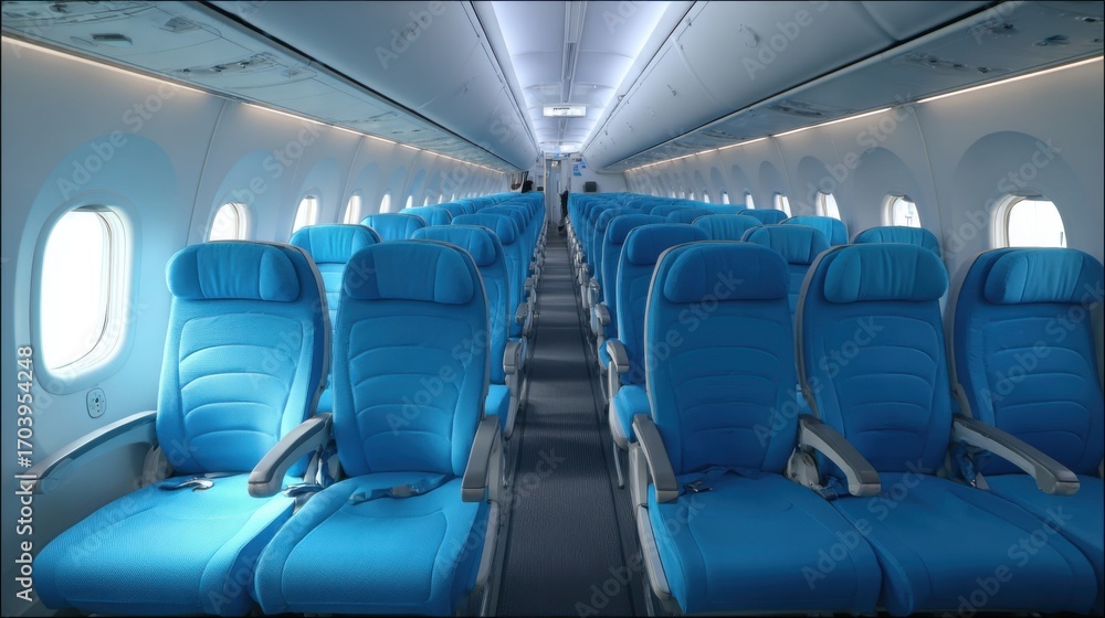 Fototapeta premium Rows of empty blue seats fill the cabin of a modern airplane, with soft lighting illuminating the space, creating a feeling of anticipation for an upcoming flight.