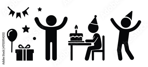 set of icons, birthday celebration, holiday, stickman stick figure, cake, fun and surprise