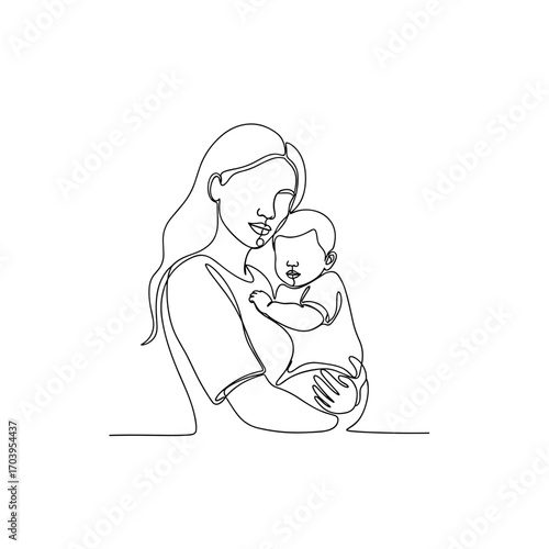 Woman holding small child in arms, concept of Line Art, vector illustration