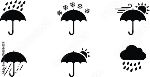 Black weather umbrella icons showing rain, snow, wind, sun, storms, and cloud symbols representing all seasons and weather protection concepts.