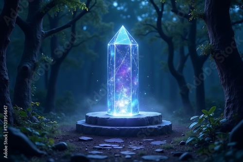 Glowing crystal obelisk in a mystical forest clearing