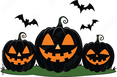 Four Spooky Halloween Jack-o-Lanterns black pumpkin  silhouettes vector illustration