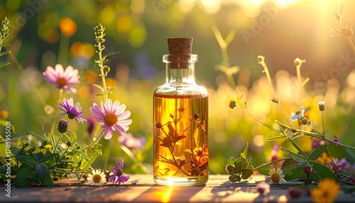 Floral oil bottle in sunlight