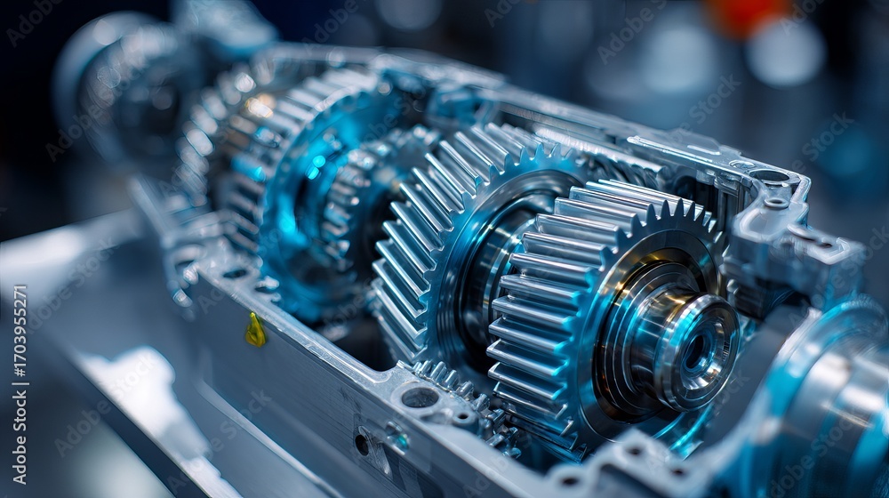 Fototapeta premium Closeup cutaway of transmission gear parts on light blue background automotive manufacturing industry scene