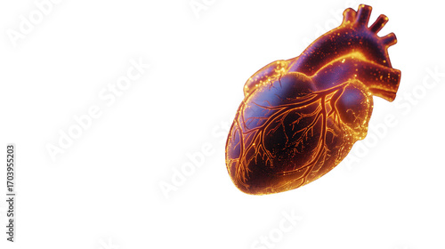Human Heart with Glowing Veins Isolated on White