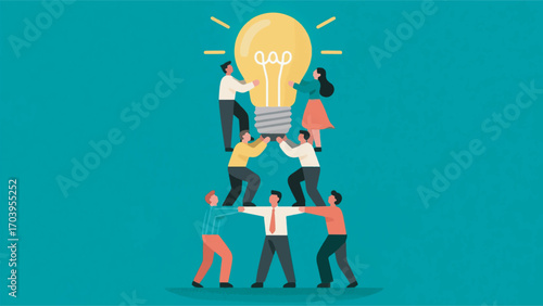 illustration of people forming a pyramid by lifting large light bulbs vector design template