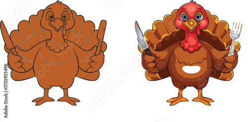 Cartoon thanksgiving turkey holding fork and knife, funny festive bird ready to eat, colorful vector illustration for holiday design.