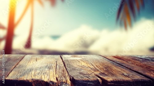 Rustic wooden surface with blurred tropical beach background