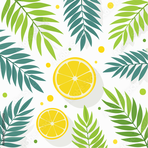 Two Lemon Slices With Green Palm Leaves On White Background