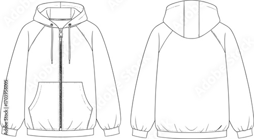 Hooded sweatshirt technical flat sketch with front zipper, kangaroo pocket, elastic cuffs and hem, CAD fashion drawing, vector illustration