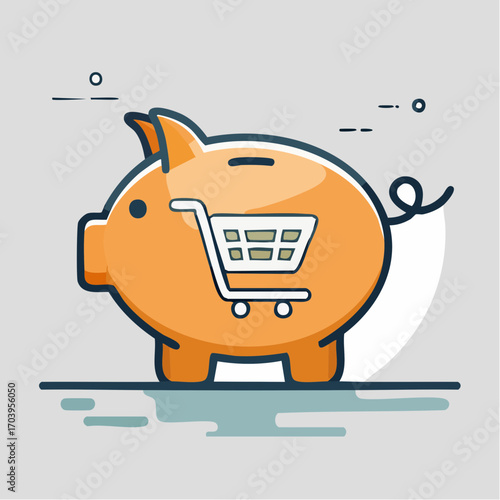 Orange Piggy Bank With Shopping Cart Inside on Gray Background