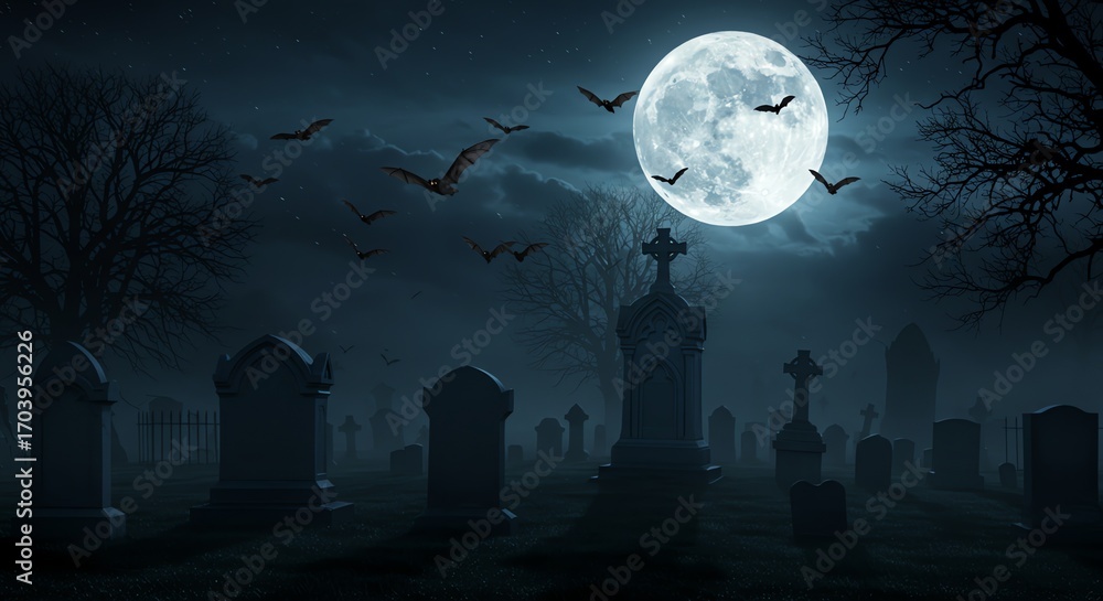 Fototapeta premium Graveyard at night with full moon and bats
