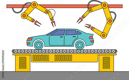 Automobile Production and Car Assembly Line Vector Illustration