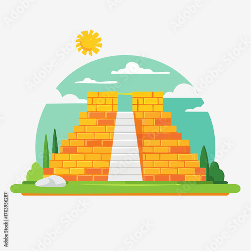 Ancient Orange Brick Pyramid with White Stairway Under Sunny Daytime Sky