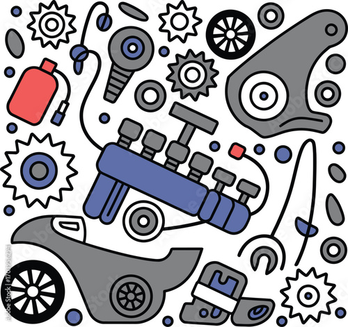 Car Engine Components and Spare Parts Vector Illustration, automotive, automotive industry