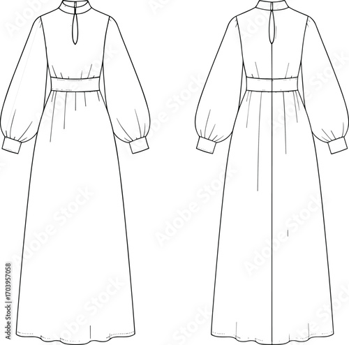 Long sleeve maxi dress flat sketch with puff sleeves, high neck, waist belt, keyhole back, CAD fashion technical drawing, vector