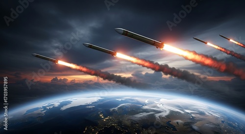 Missiles Launching from Earth's Atmosphere with Dramatic Sky, Nuclear Missiles Firing at Sunset over the Earth's Horizon