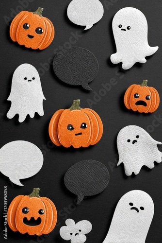 Halloween Sticker Pack Mockup with Ghosts, Pumpkins, and Speech Bubbles
