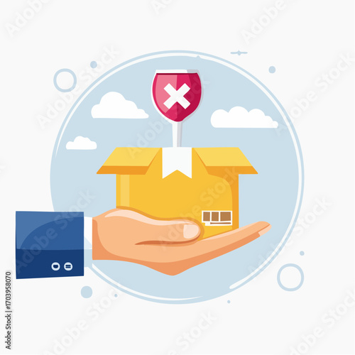 Hand Holding Cardboard Box With Red Canceled Shield Icon Above