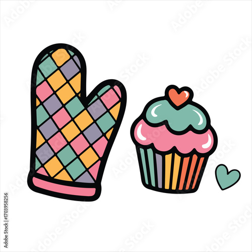 Colorful Oven Mitt and Cupcake with Hearts - Cute Baking Illustrations