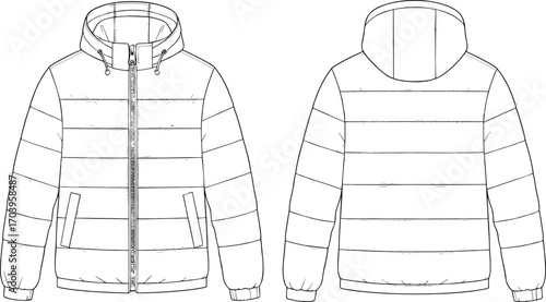 Puffer jacket technical flat sketch with hood, front and back view, CAD fashion drawing, vector outerwear design, clothing template