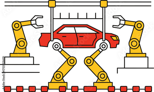 Automobile Manufacturing Process with Robotic Arms Vector Design.