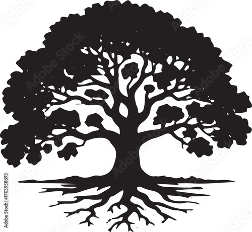 Majestic silhouette of a grand oak tree with spreading branches and intricate root system
