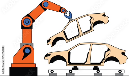 Robotic Arm Assembling Car Body in Automotive Manufacturing Factory Vector