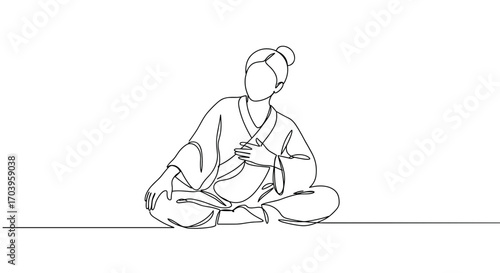 Woman sitting cross-legged in traditional clothing, practicing meditation, line style, transparent background 