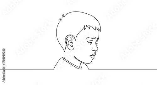 Young boy's profile illustration in line style on transparent background  