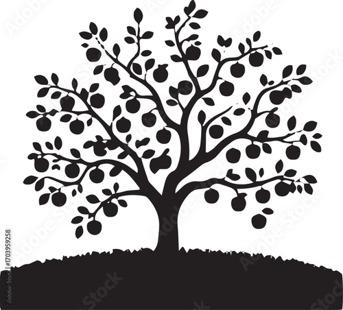Silhouette of a mature apple tree laden with ripe fruit on grassy mound